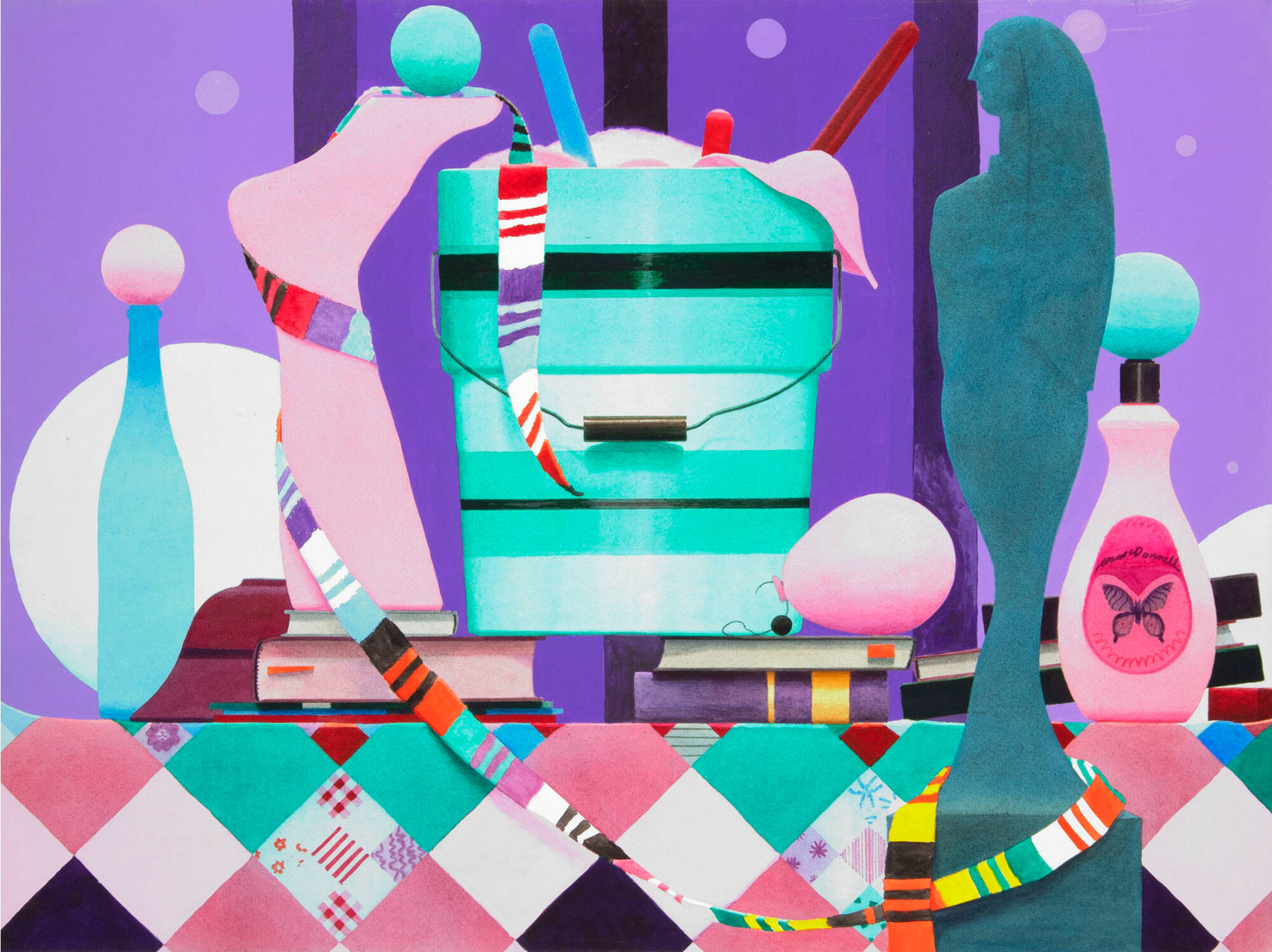 Vibrant watercolor still life with lots of objects stacked on top of each other including soap bottles, ribbons, buckets and a foot.